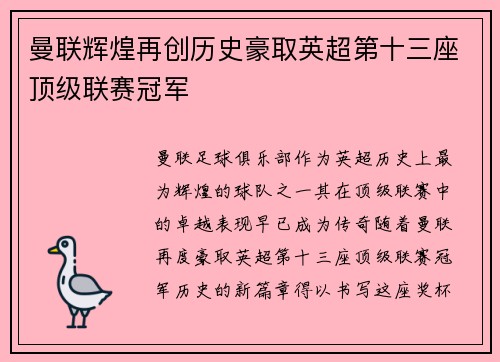 曼联辉煌再创历史豪取英超第十三座顶级联赛冠军